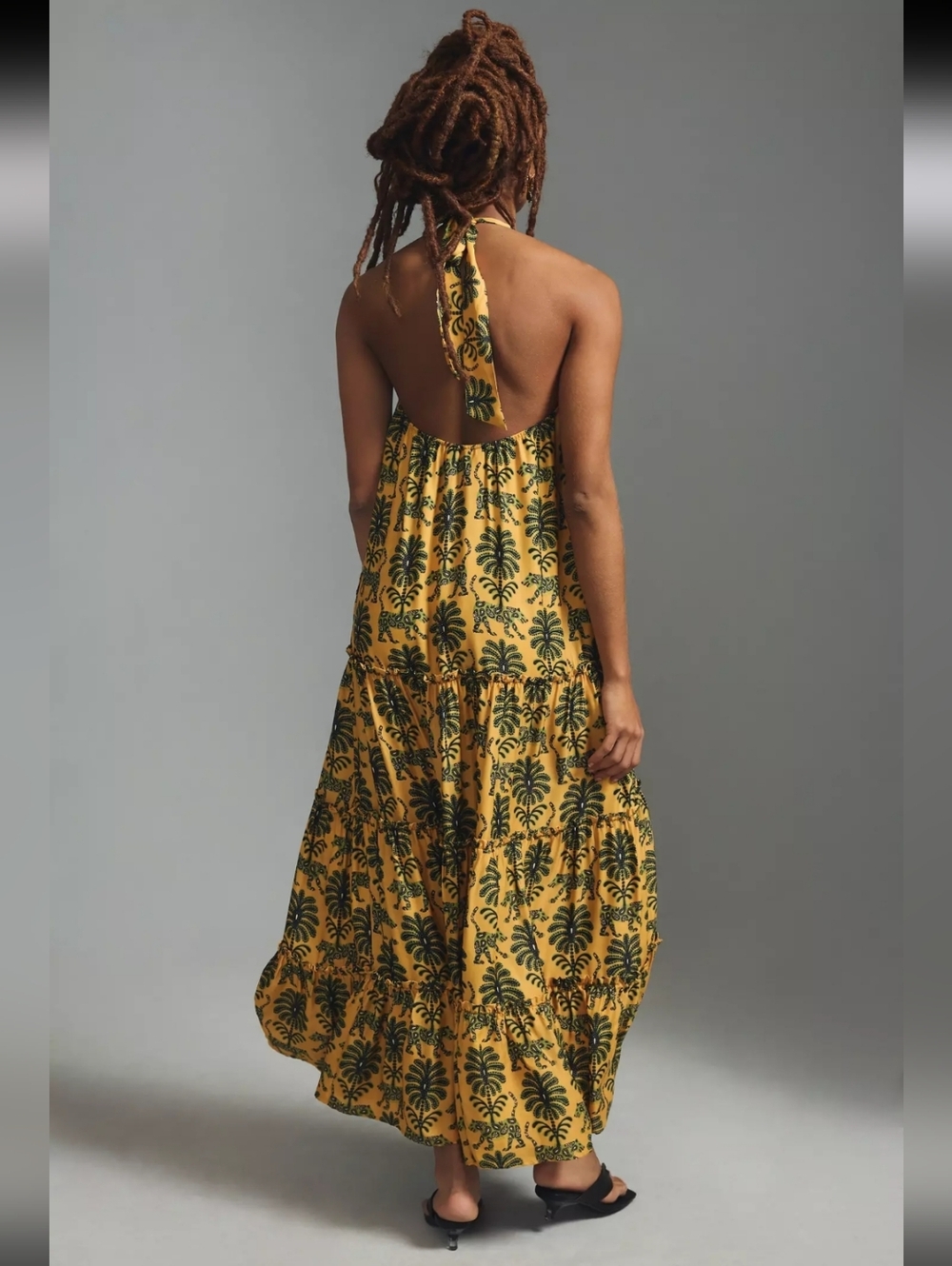 Anthropologie Farm Rio Satin Halter Dress Size XS Petite Gold Animal Floral - Picture 2 of 9